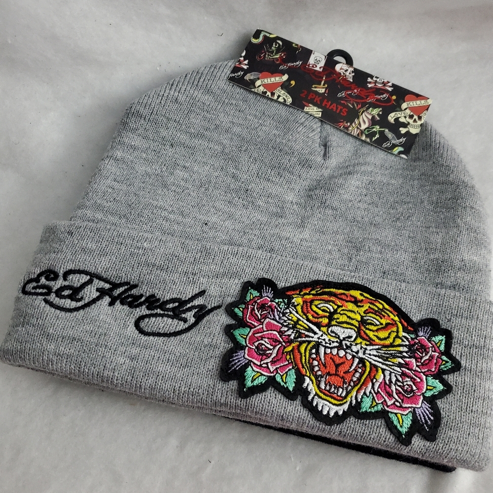 Ed Hardy 2 Beanies – Black & Gray Unisex Winter Embroidered Cuff Hats